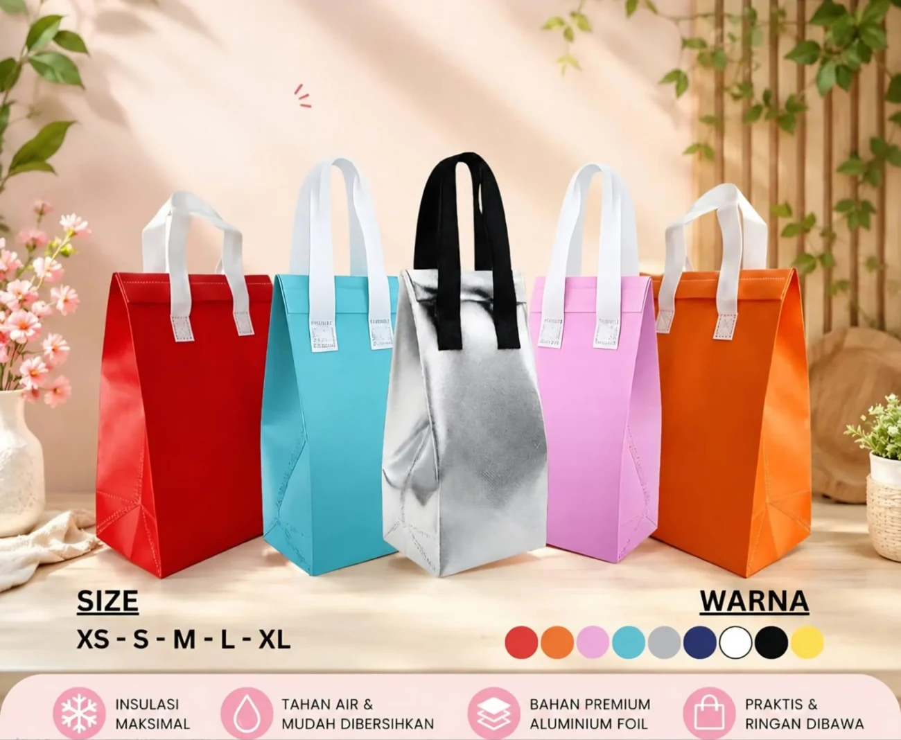 Koleksi tas berlapis foil dengan pilihan warna dan ukuran.