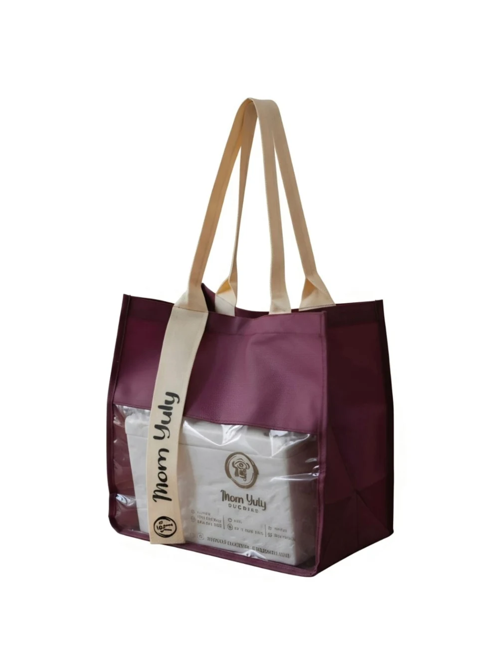 Tas branding burgundy dengan panel transparan dan tali krem